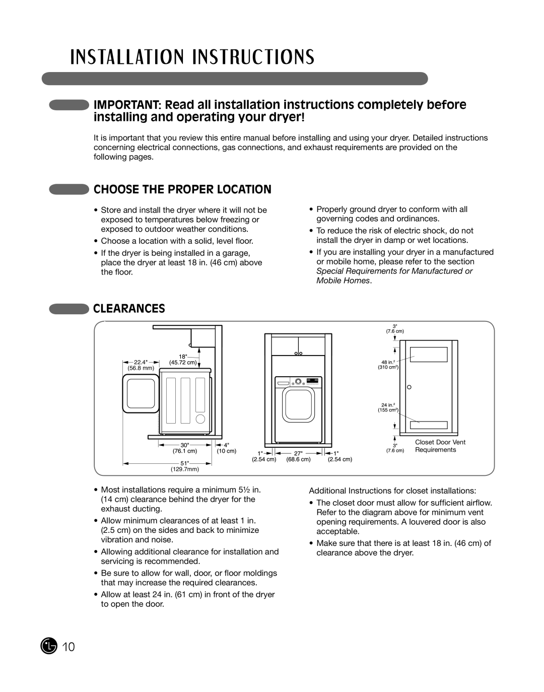 LG Electronics P154 manual Choose The Proper Location, Clearances 