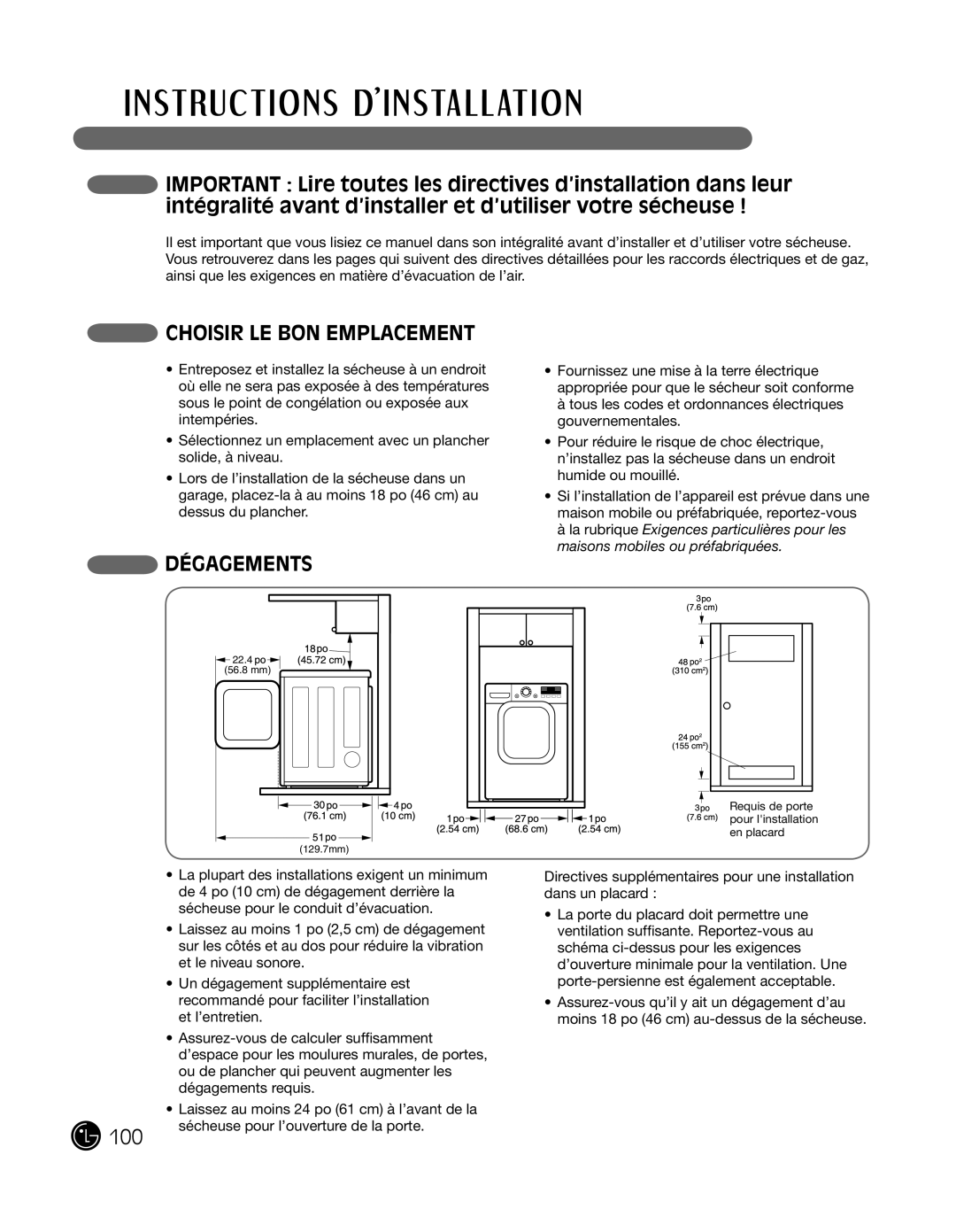 LG Electronics P154 manual cHoisir Le bon eMpLaceMent, déGaGeMents 