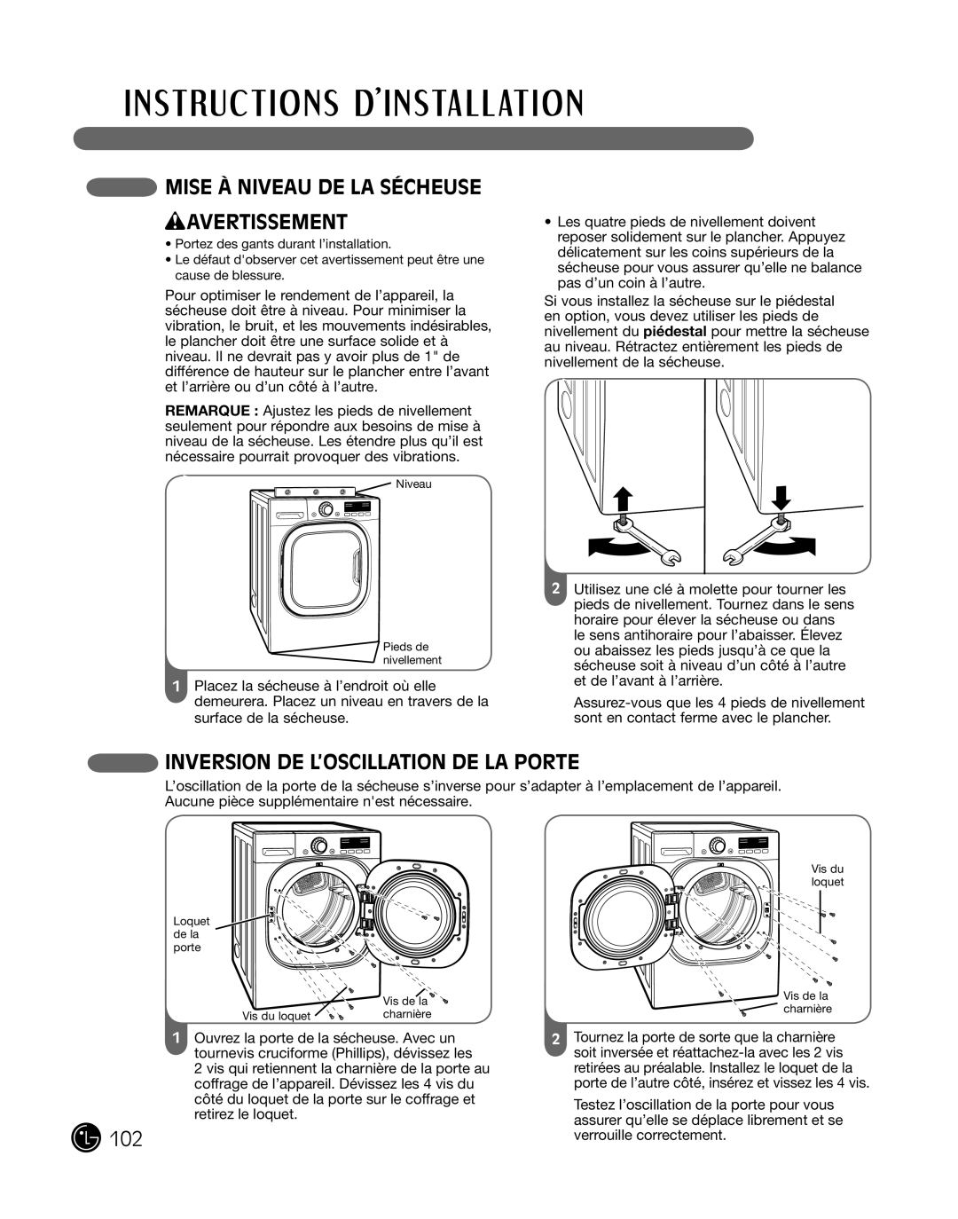 LG Electronics P154 manual Mise À niVeau de La sécHeuse waVertisseMent, inVersion de L’osciLLation de La porte 