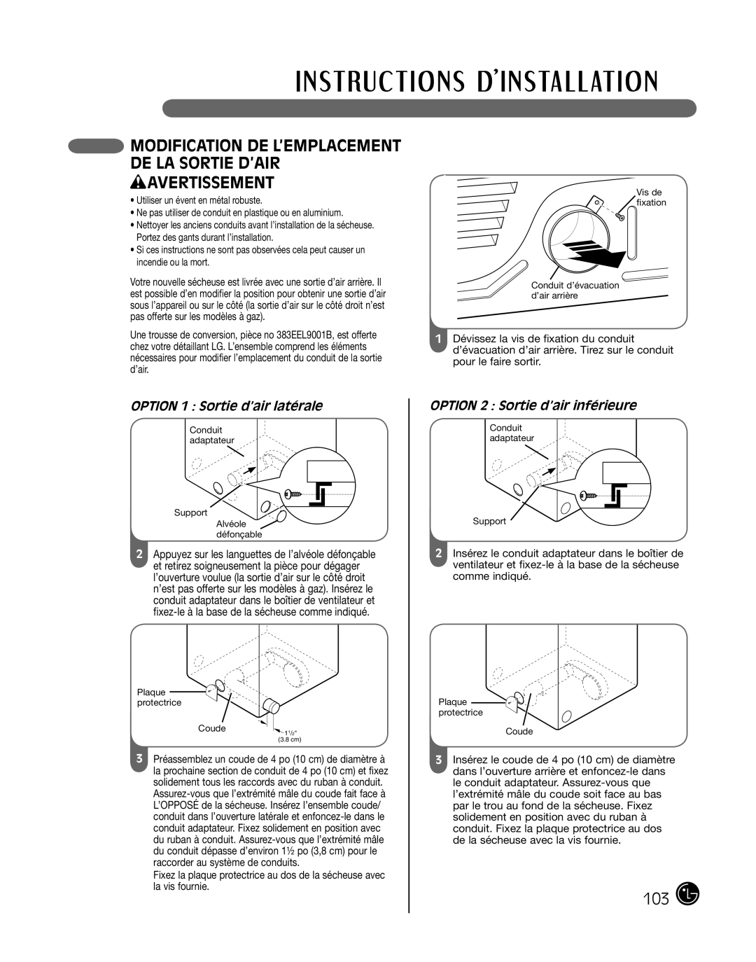 LG Electronics P154 manual wAVERTISSEMENT, Modification De L’Emplacement De La Sortie D’Air, OPTION 1 Sortie d’air latérale 