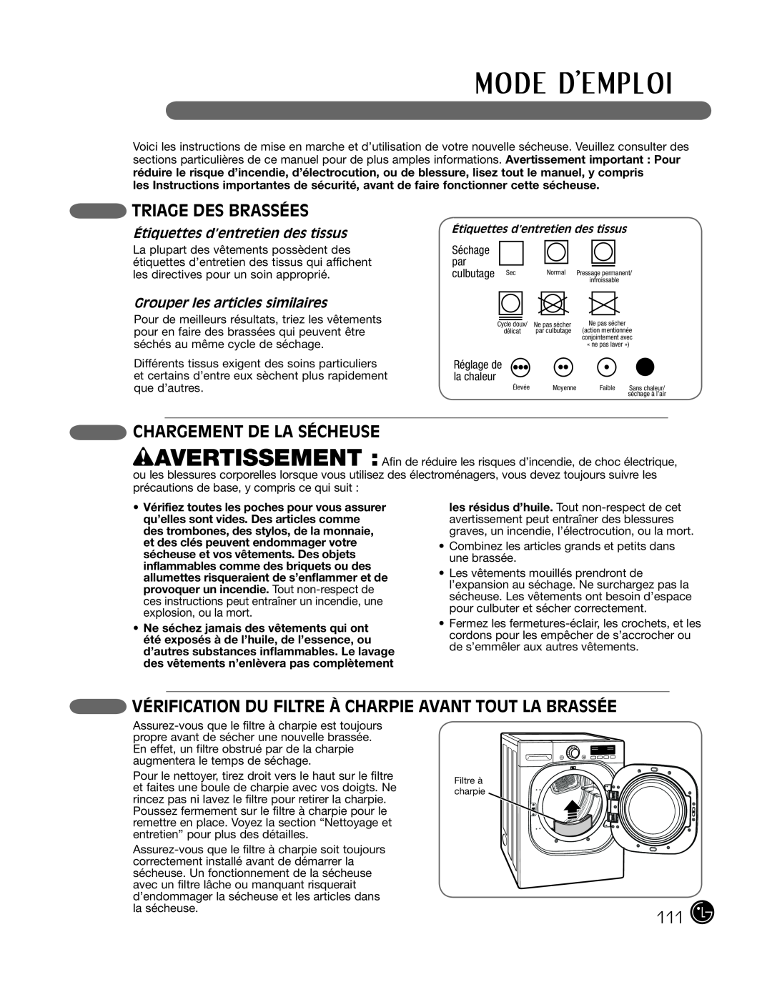 LG Electronics P154 Triage Des Brassées, Chargement de la sécheuse, Vérification Du Filtre À Charpie Avant Tout La Brassée 