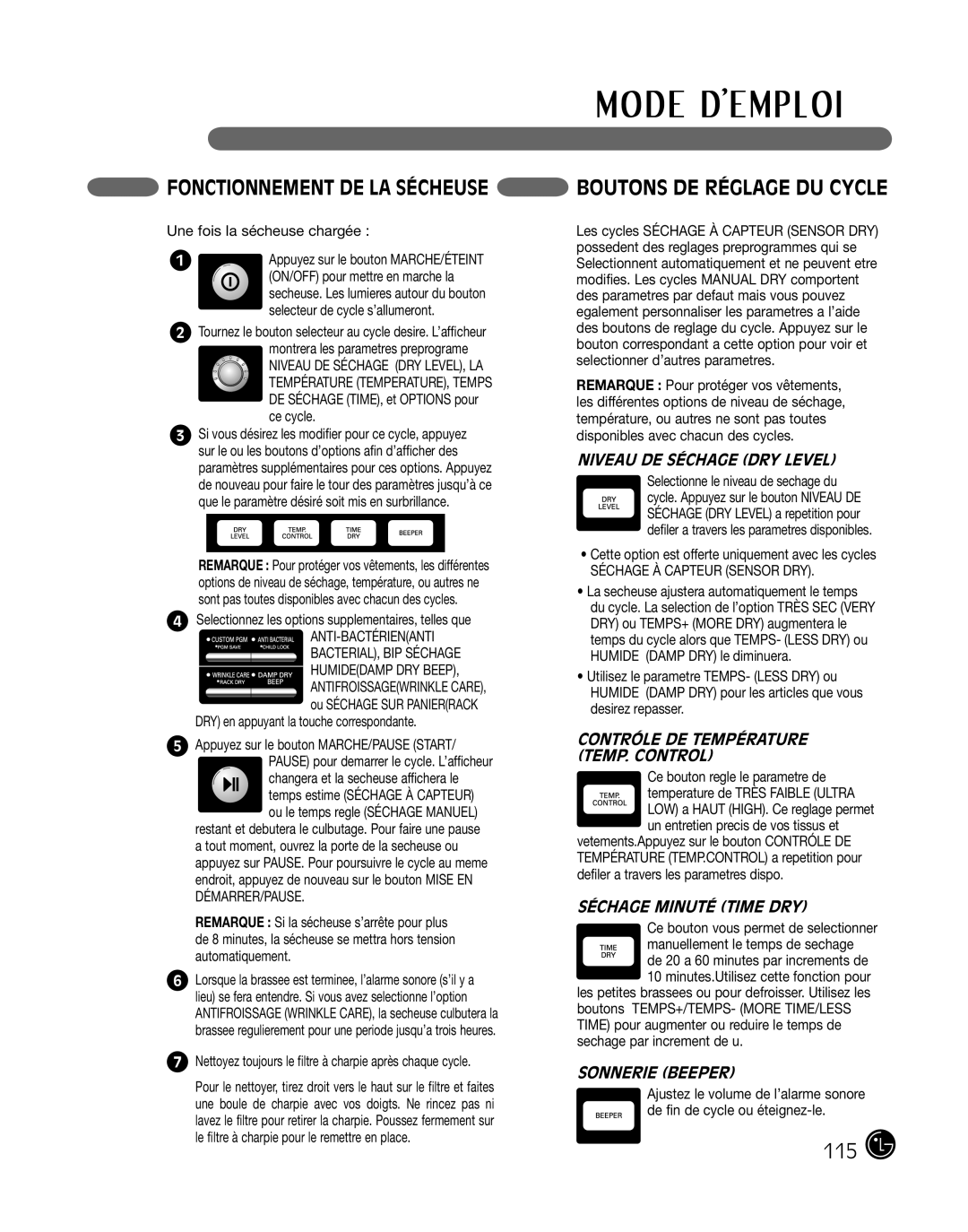LG Electronics P154 manual Fonctionnement De La Sécheuse Boutons De Réglage Du Cycle, Niveau De Séchage Dry Level 