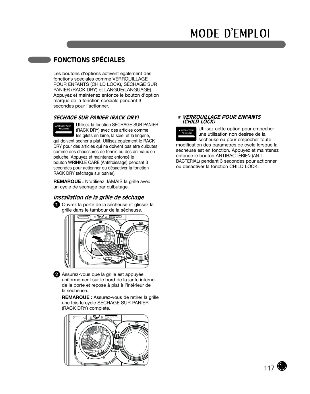 LG Electronics P154 manual Fonctions Spéciales, Séchage Sur Panier Rack Dry, Installation de la grille de séchage 