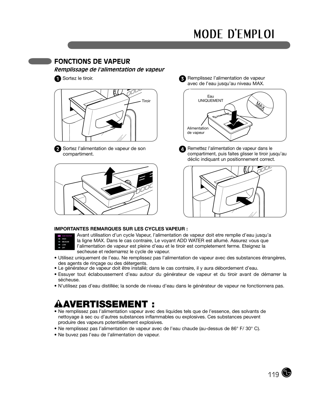 LG Electronics P154 manual Fonctions De Vapeur, Remplissage de l’alimentation de vapeur, wAVERTISSEMENT 