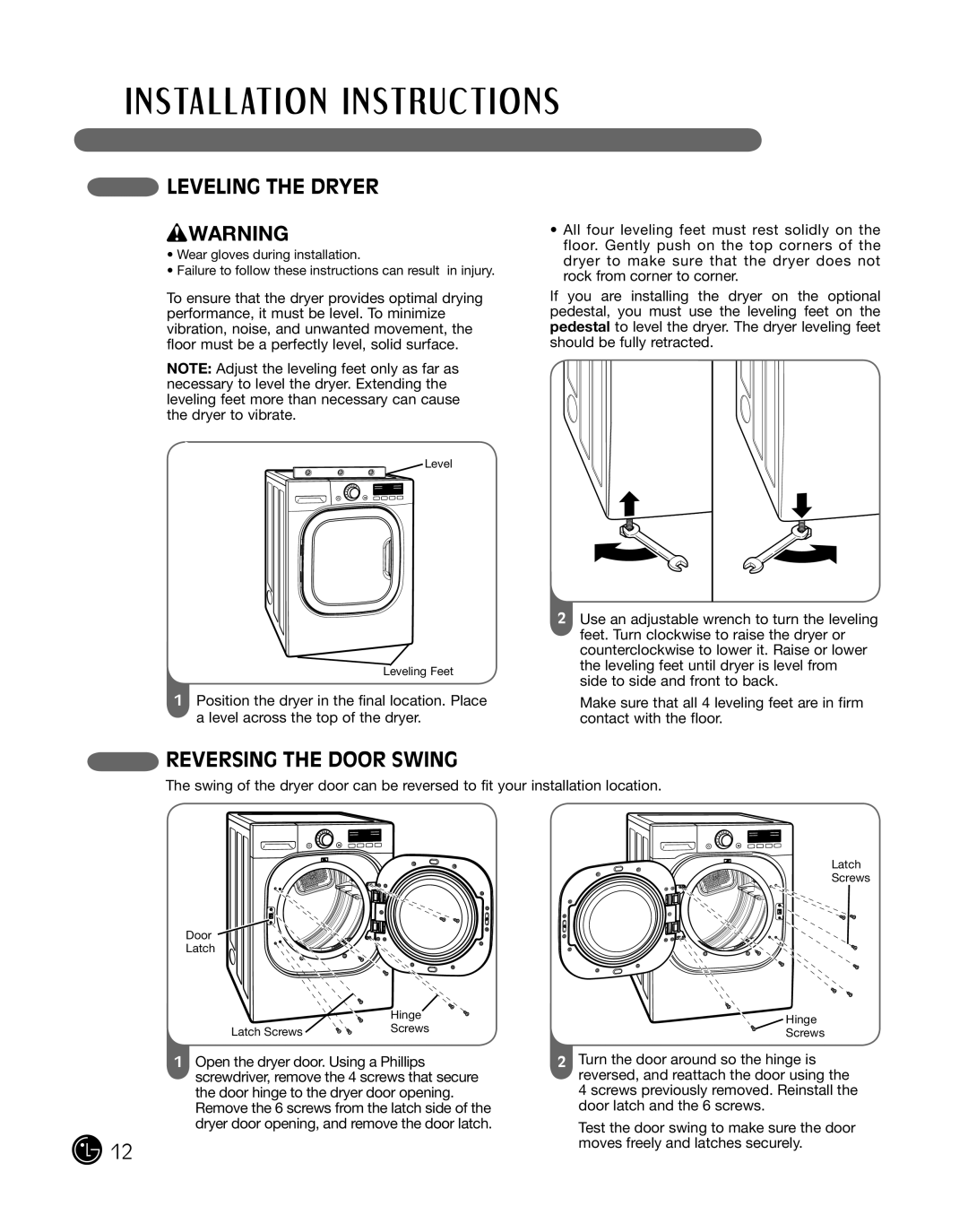LG Electronics P154 manual LEvELING THE DRYER wWARNING, REvERSING THE DOOR SWING 