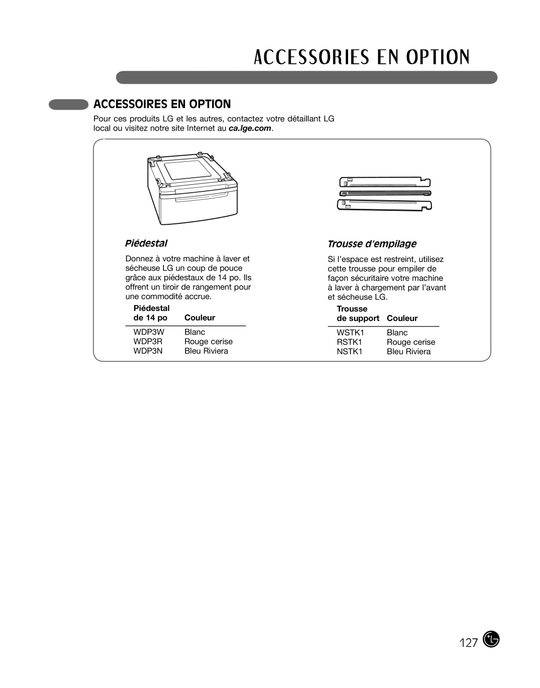 LG Electronics P154 manual Accessoires En Option, Piédestal, Trousse d’empilage, de 14 po, Trousse de support Couleur 