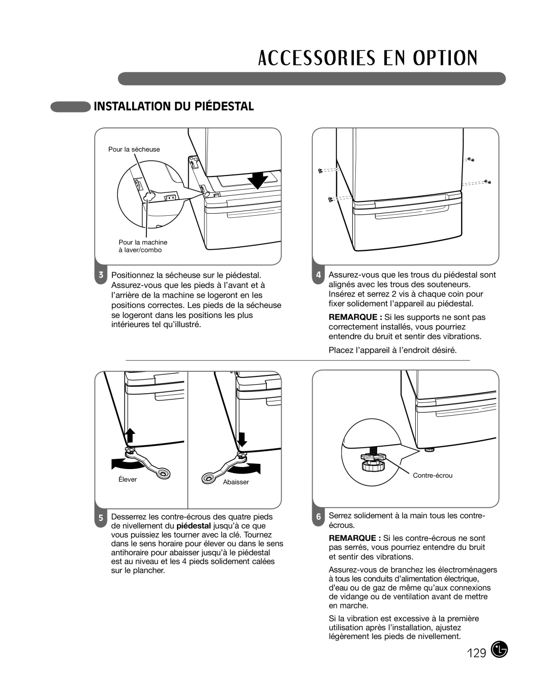 LG Electronics P154 manual Installation dU PIÉDESTAL 