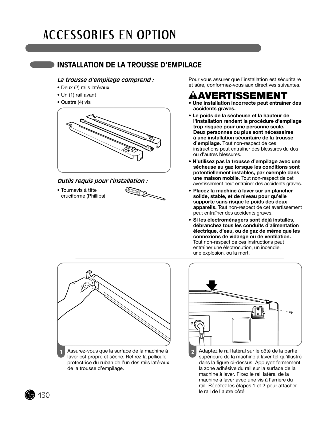 LG Electronics P154 manual instaLLation de La trousse d’eMpiLaGe, La trousse d’empilage comprend, wAVERTISSEMENT 