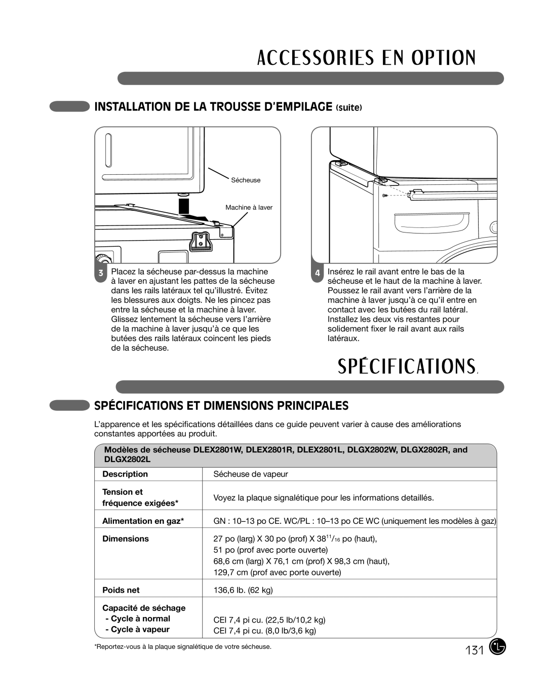 LG Electronics P154 manual Installation de la trousse d’empilage suite, Spécifications Et Dimensions Principales 