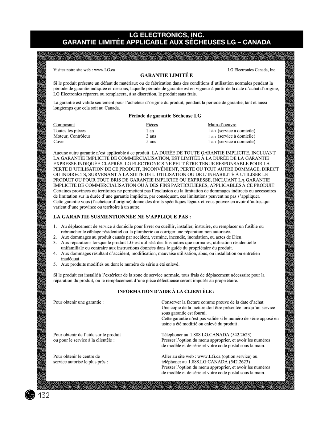 LG Electronics P154 manual Lg Electronics, Inc, Garantie Limitée Applicable Aux Sécheuses Lg - Canada, 1 an 