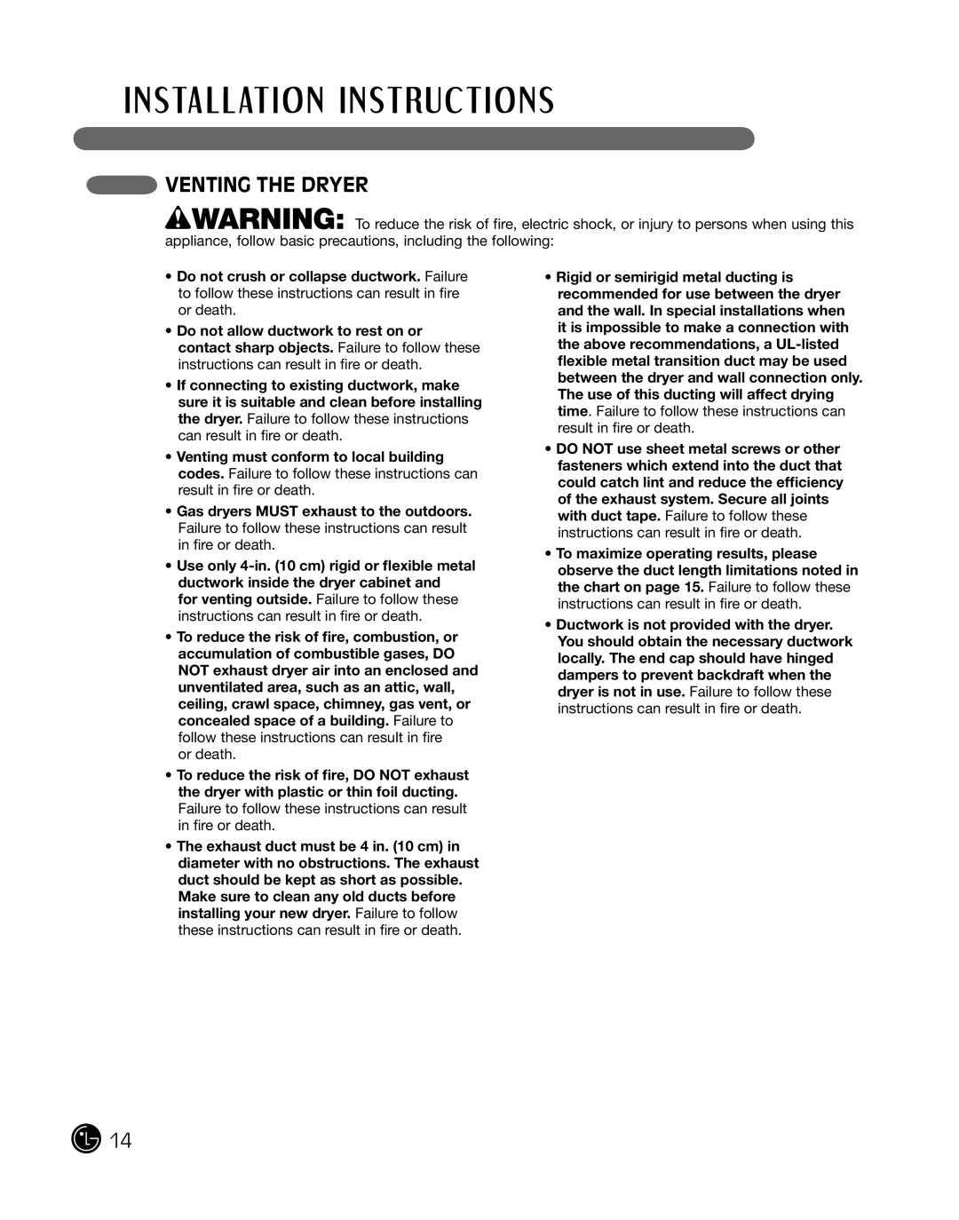 LG Electronics P154 manual vENTING THE DRYER 