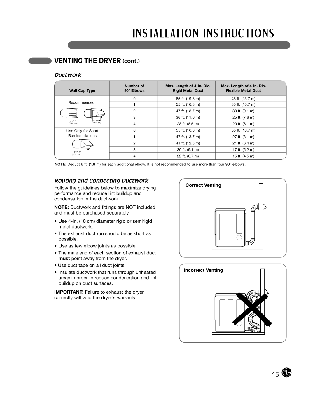 LG Electronics P154 manual VENTING THE DRYER cont, Routing and Connecting Ductwork 