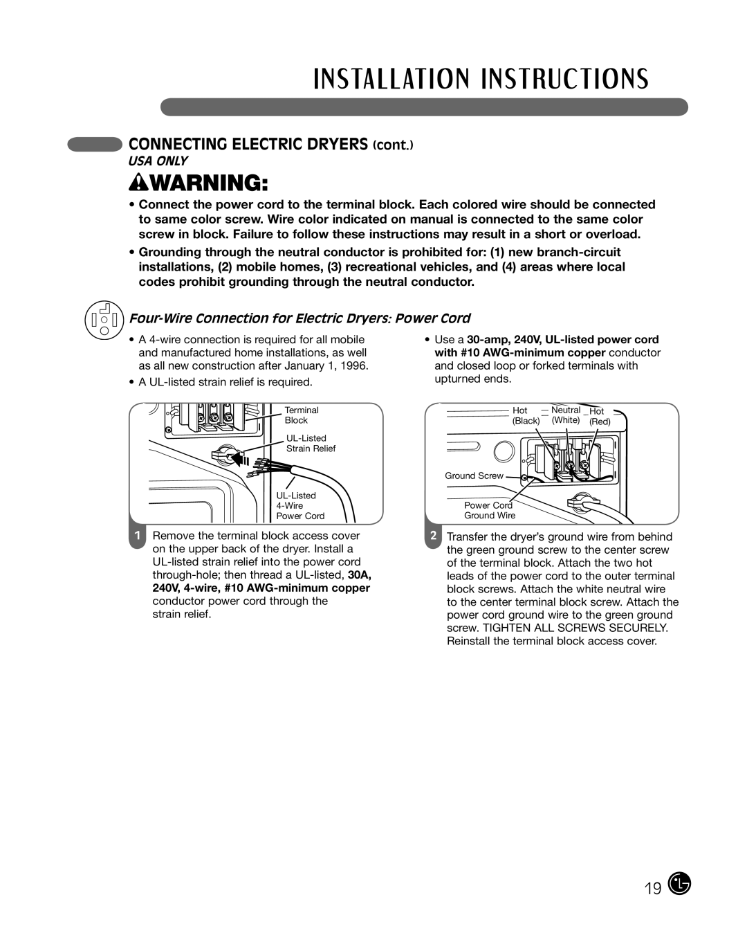 LG Electronics P154 manual wWARNING, CONNECTING ELECTRIC DRYERS cont, Usa Only 