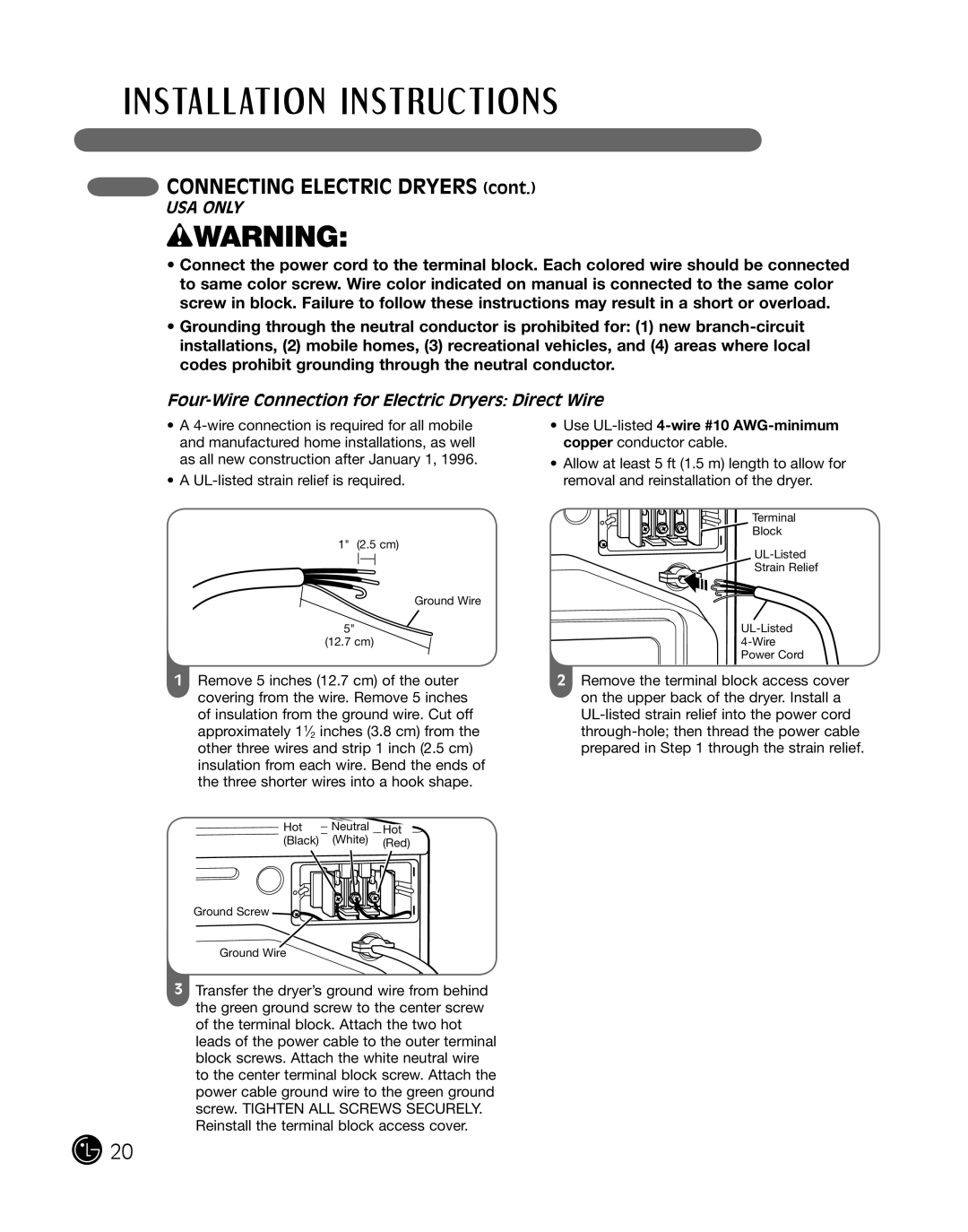 LG Electronics P154 manual Four-Wire Connection for Electric Dryers Direct Wire, wWARNING, CONNECTING ELECTRIC DRYERS cont 
