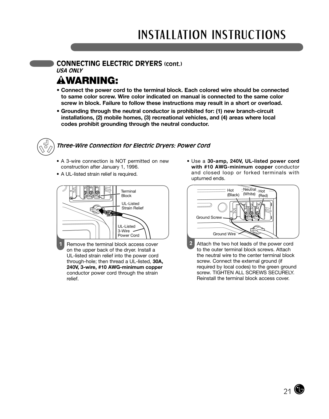 LG Electronics P154 manual Three-Wire Connection for Electric Dryers Power Cord, wWARNING, CONNECTING ELECTRIC DRYERS cont 