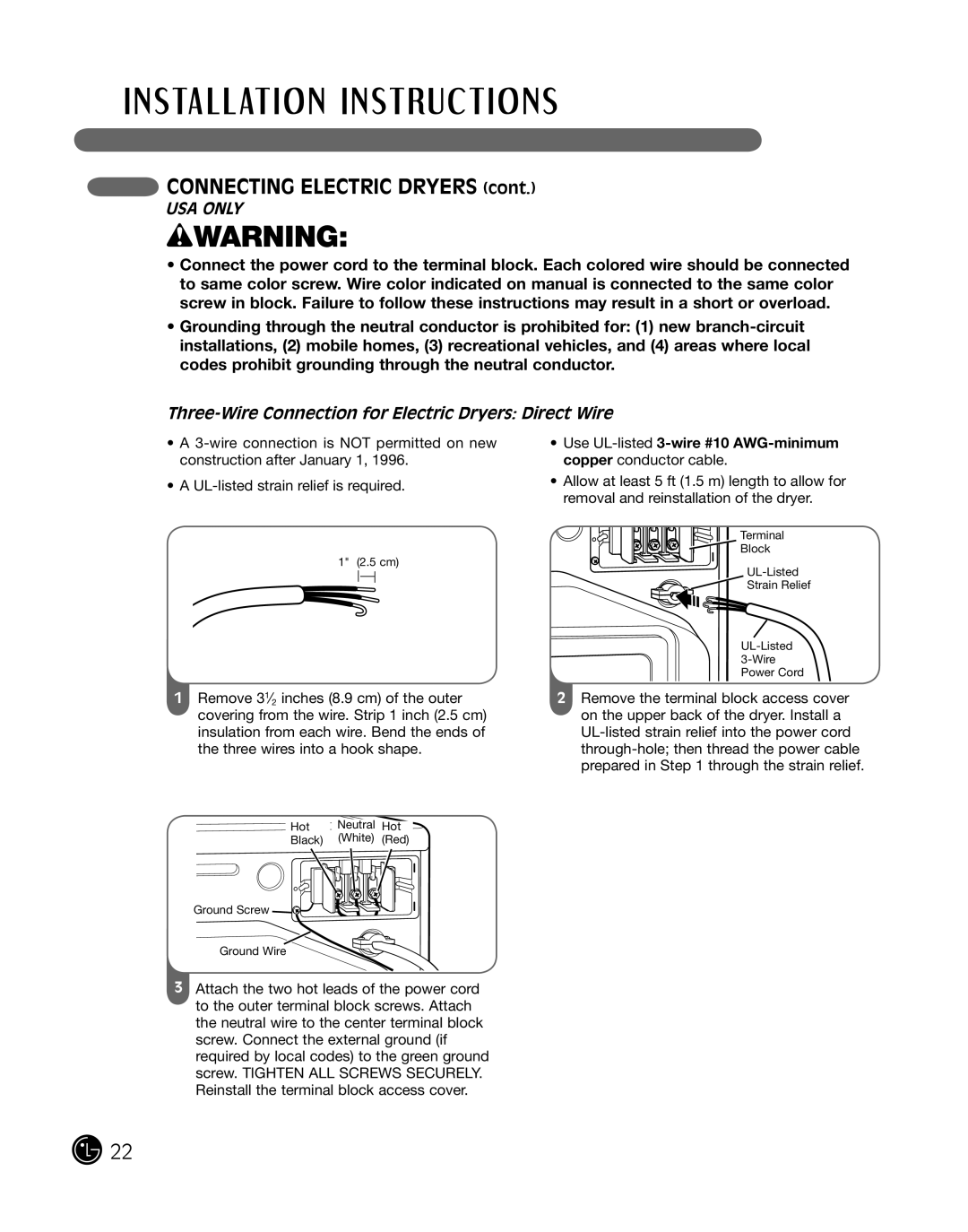 LG Electronics P154 manual Three-Wire Connection for Electric Dryers Direct Wire, wWARNING, CONNECTING ELECTRIC DRYERS cont 