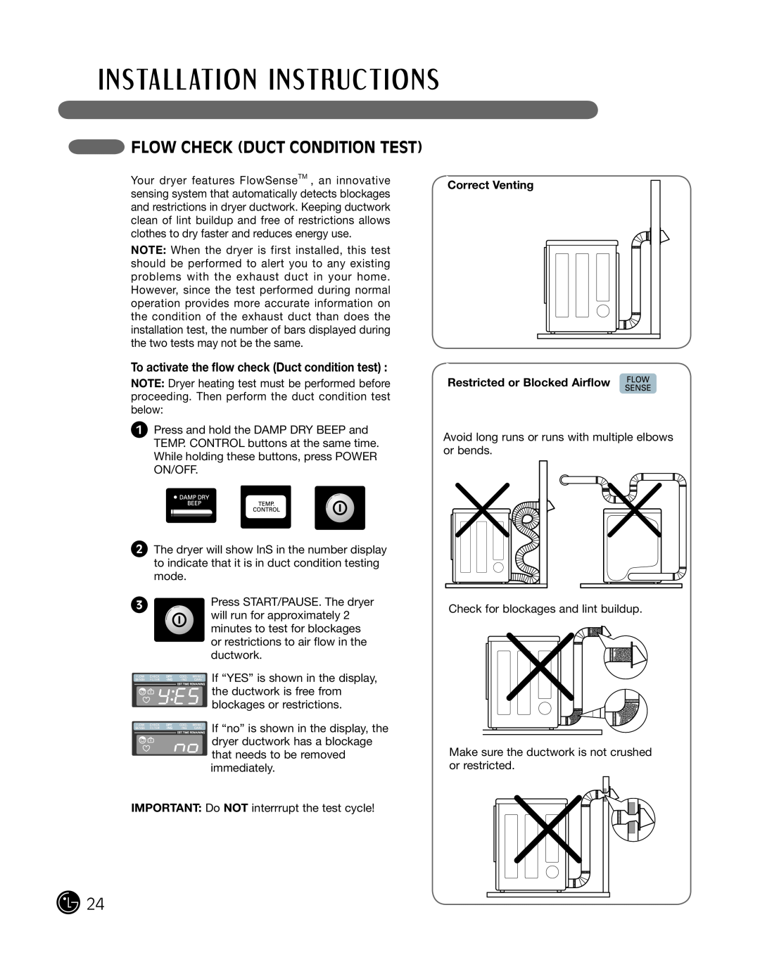 LG Electronics P154 manual Flow Check Duct Condition Test, To activate the ﬂow check Duct condition test 