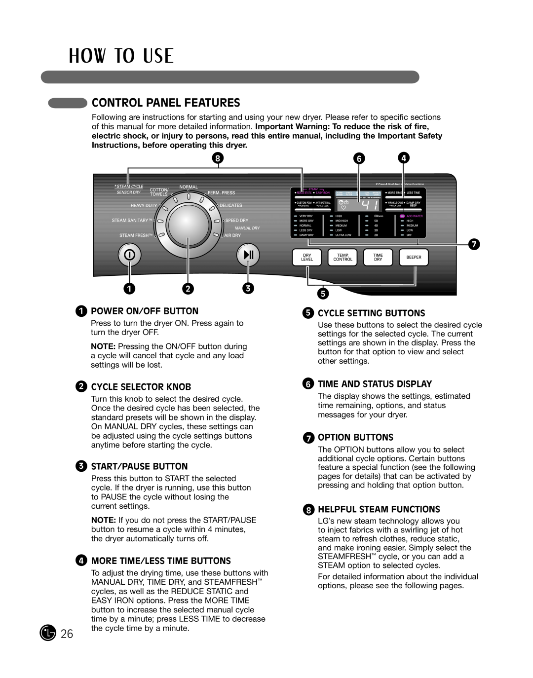 LG Electronics P154 manual Control Panel Features, Power On/Off Button, Cycle Setting Buttons, Cycle Selector Knob 