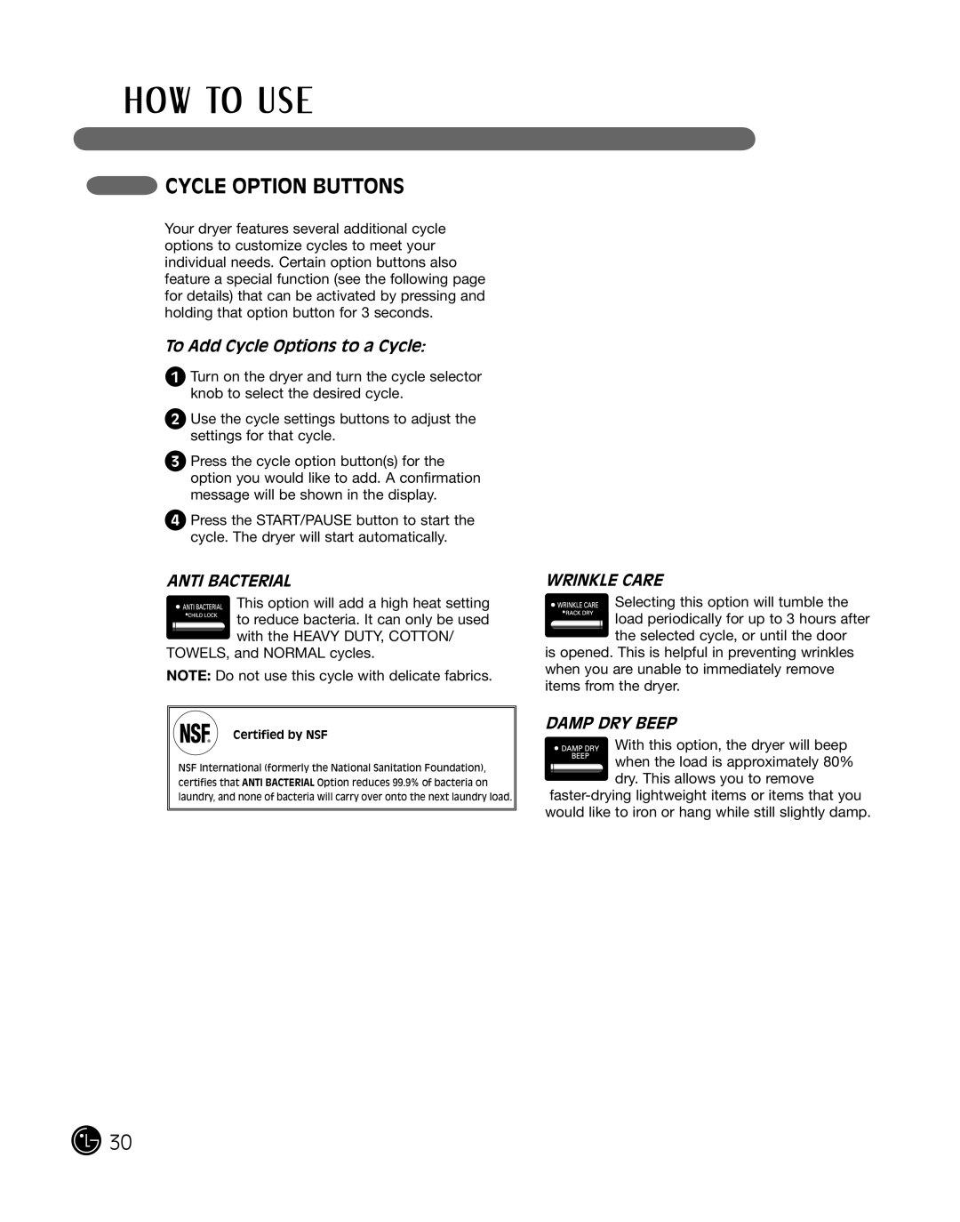 LG Electronics P154 Cycle Option Buttons, To Add Cycle Options to a Cycle, Anti Bacterial, Wrinkle Care, Damp Dry Beep 