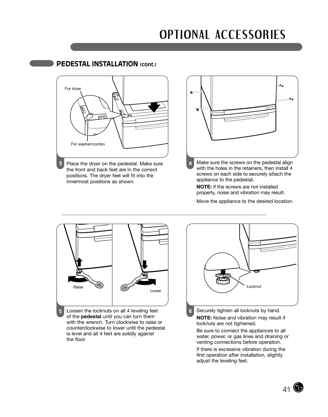 LG Electronics P154 manual PEDESTAL INSTALLATION cont 