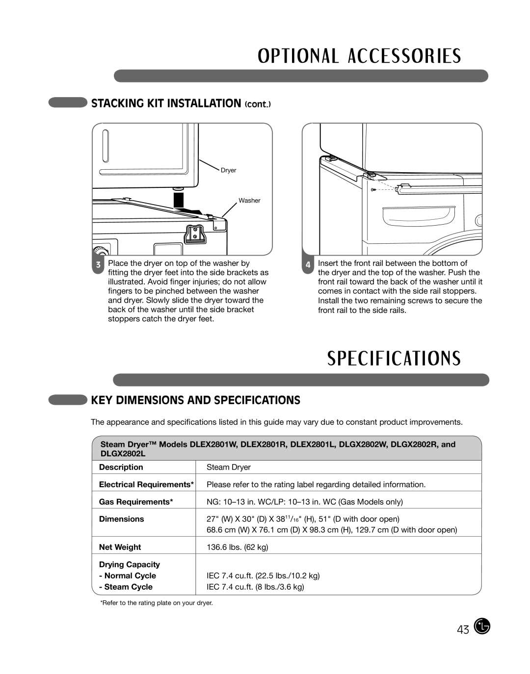 LG Electronics P154 manual STACKING KIT INSTALLATION cont, Key Dimensions And Specifications, Description, Gas Requirements 