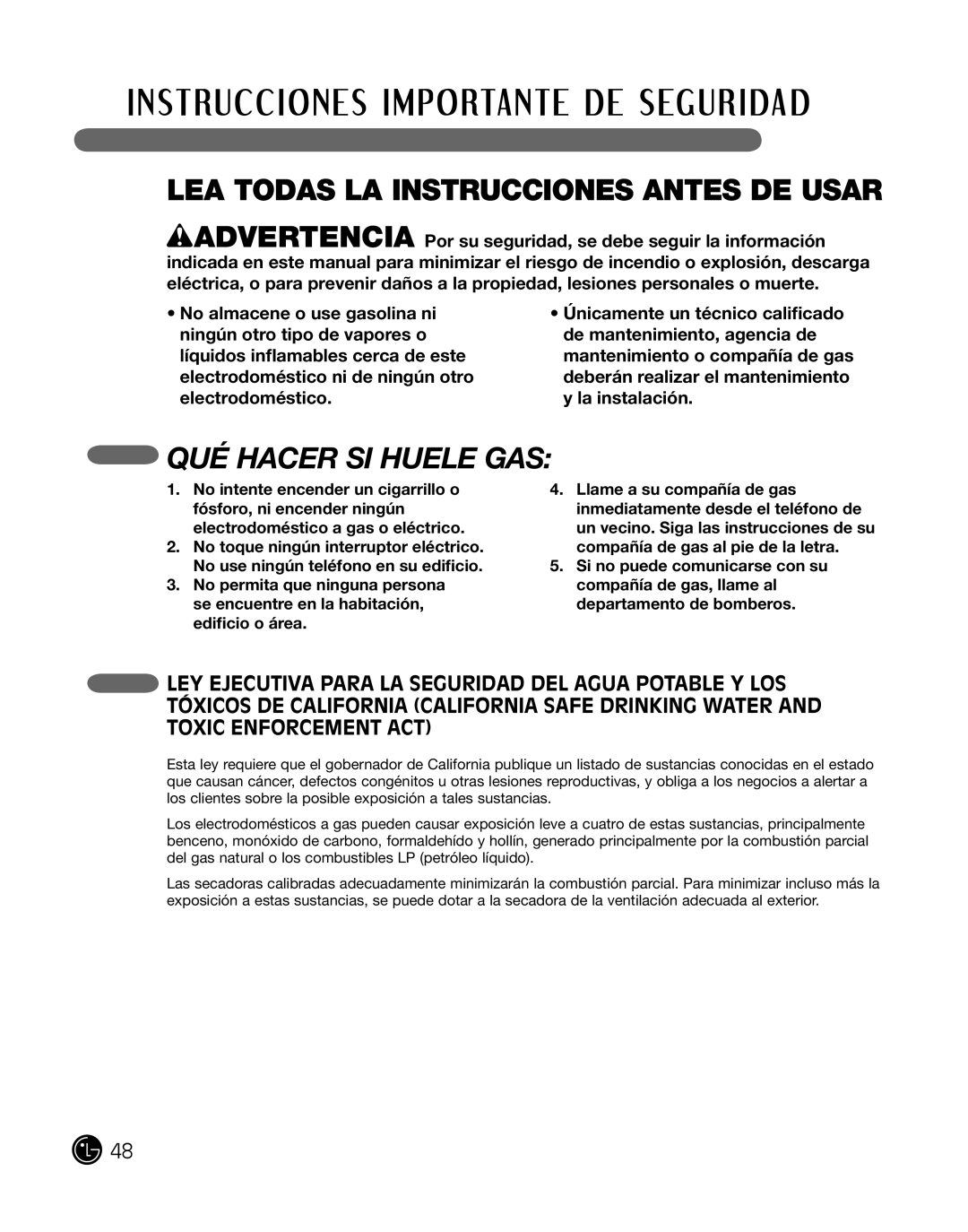LG Electronics P154 manual Qué Hacer Si Huele Gas, Lea Todas La Instrucciones Antes De Usar 