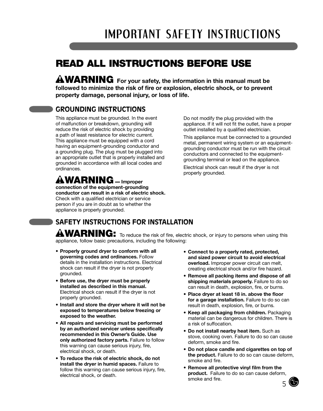 LG Electronics P154 manual Grounding Instructions, Safety Instructions For Installation, Read All Instructions Before Use 
