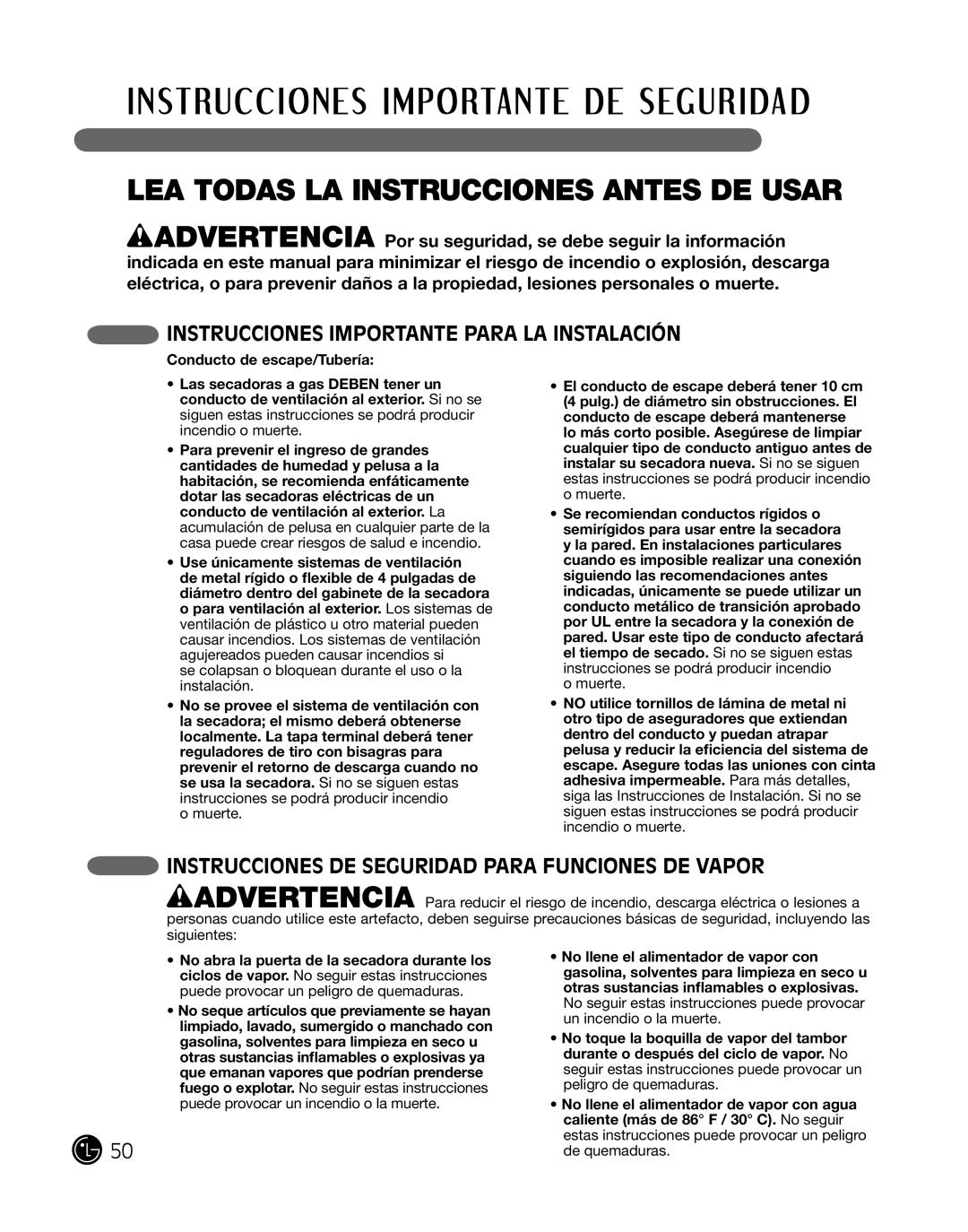 LG Electronics P154 manual inSTruccioneS imPorTanTe Para la inSTalaciÓn, inSTruccioneS de Seguridad Para FuncioneS de vaPor 