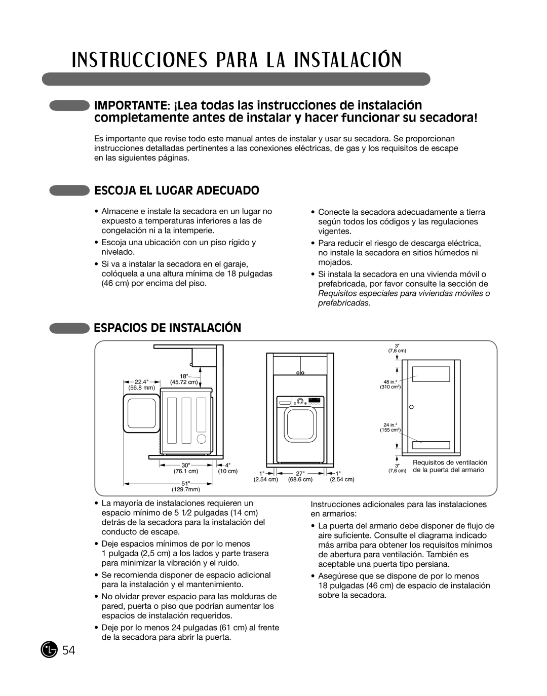 LG Electronics P154 manual eScoJa el lugar adecuado, eSPacioS de inSTalaciÓn 