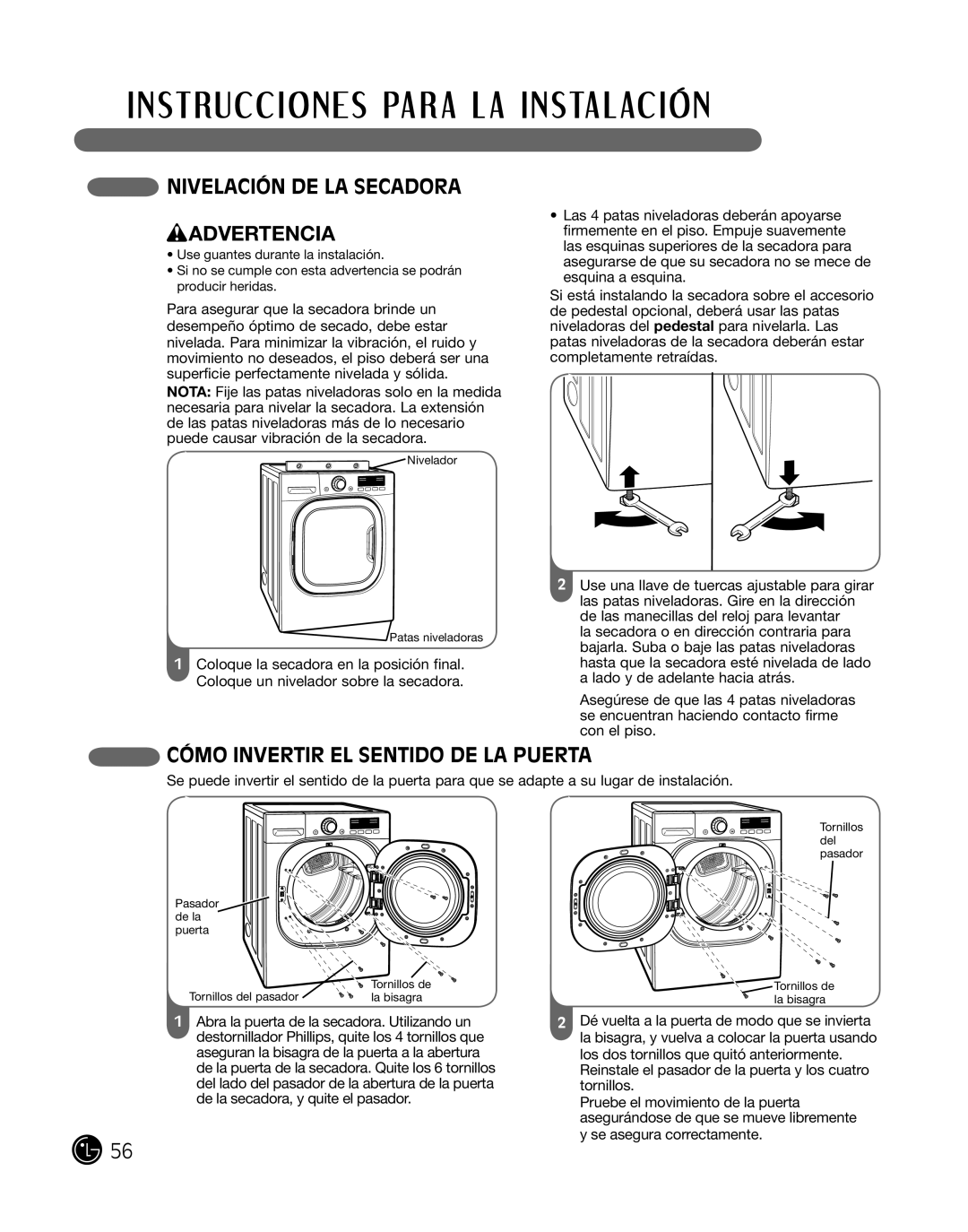 LG Electronics P154 manual nivelaciÓn de la Secadora wADVERTENCIA, cÓmo inverTir el SenTido de la PuerTa 