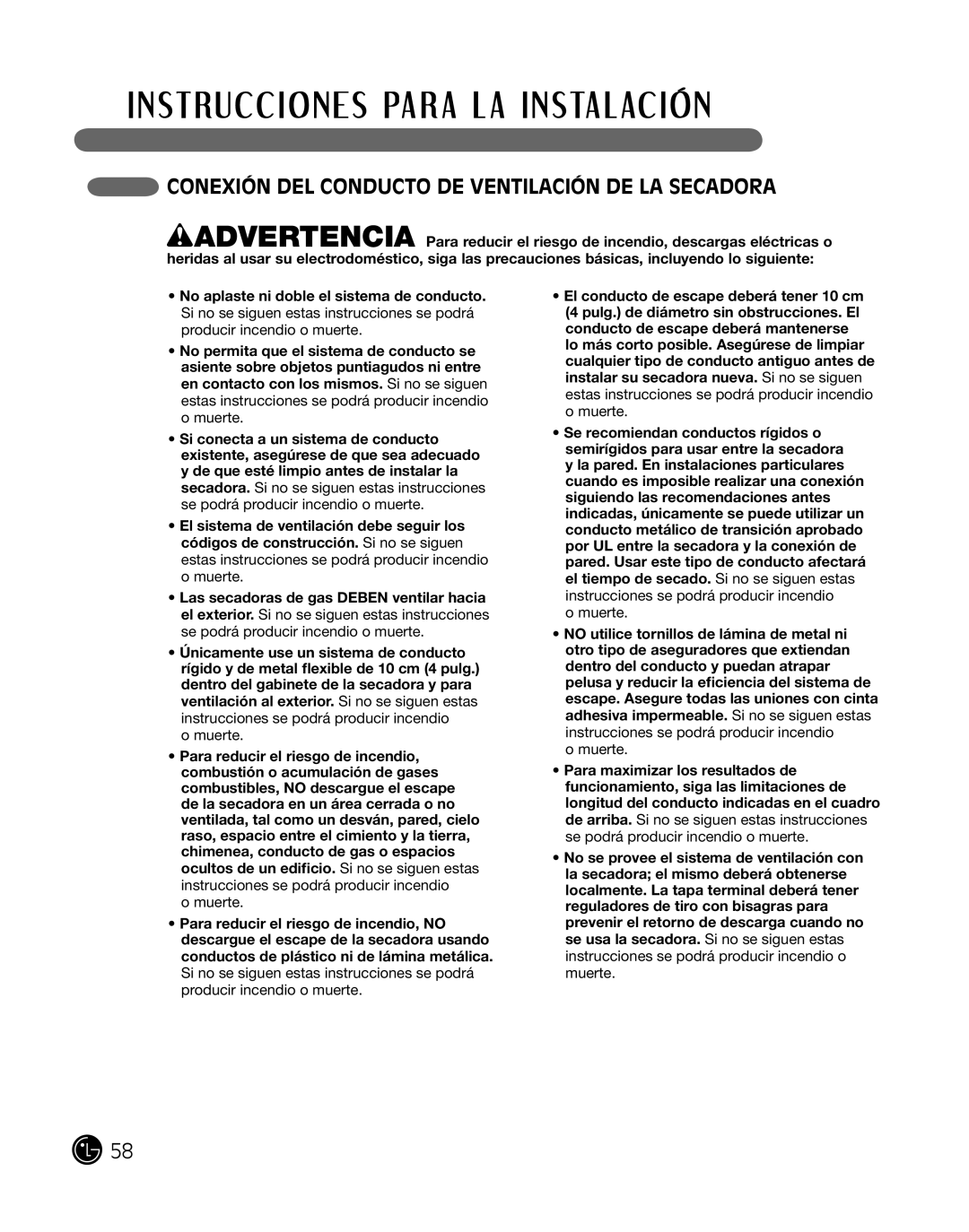 LG Electronics P154 manual coneXiÓn del conducTo de venTilaciÓn de la Secadora, o muerte 