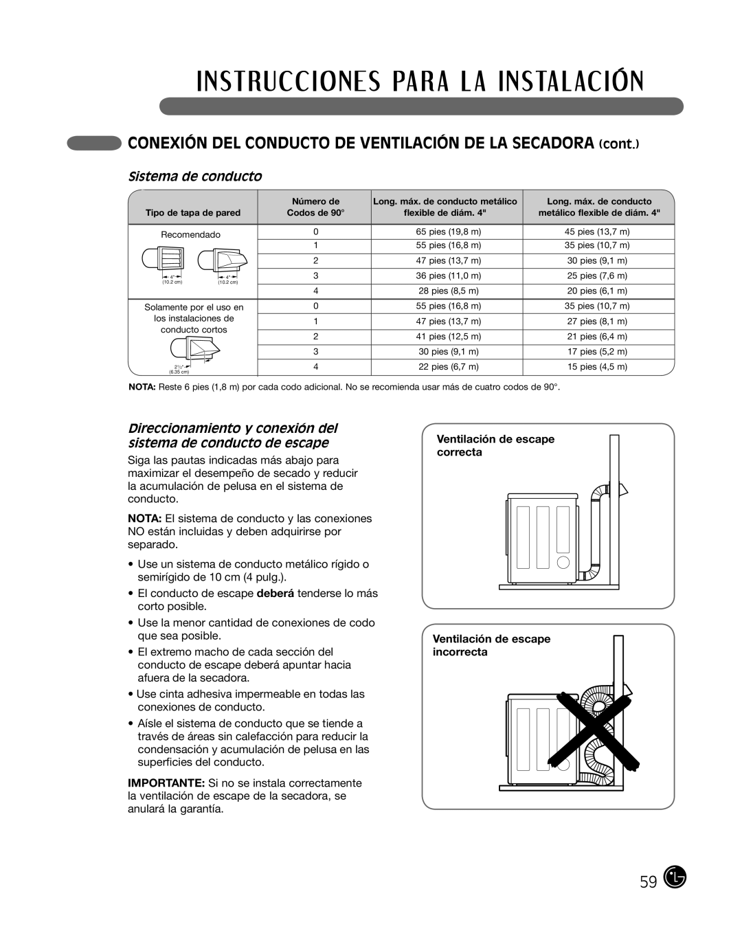 LG Electronics P154 manual CONEXIÓN DEL CONDUCTO DE VENTILACIÓN DE LA SECADORA cont, Sistema de conducto 