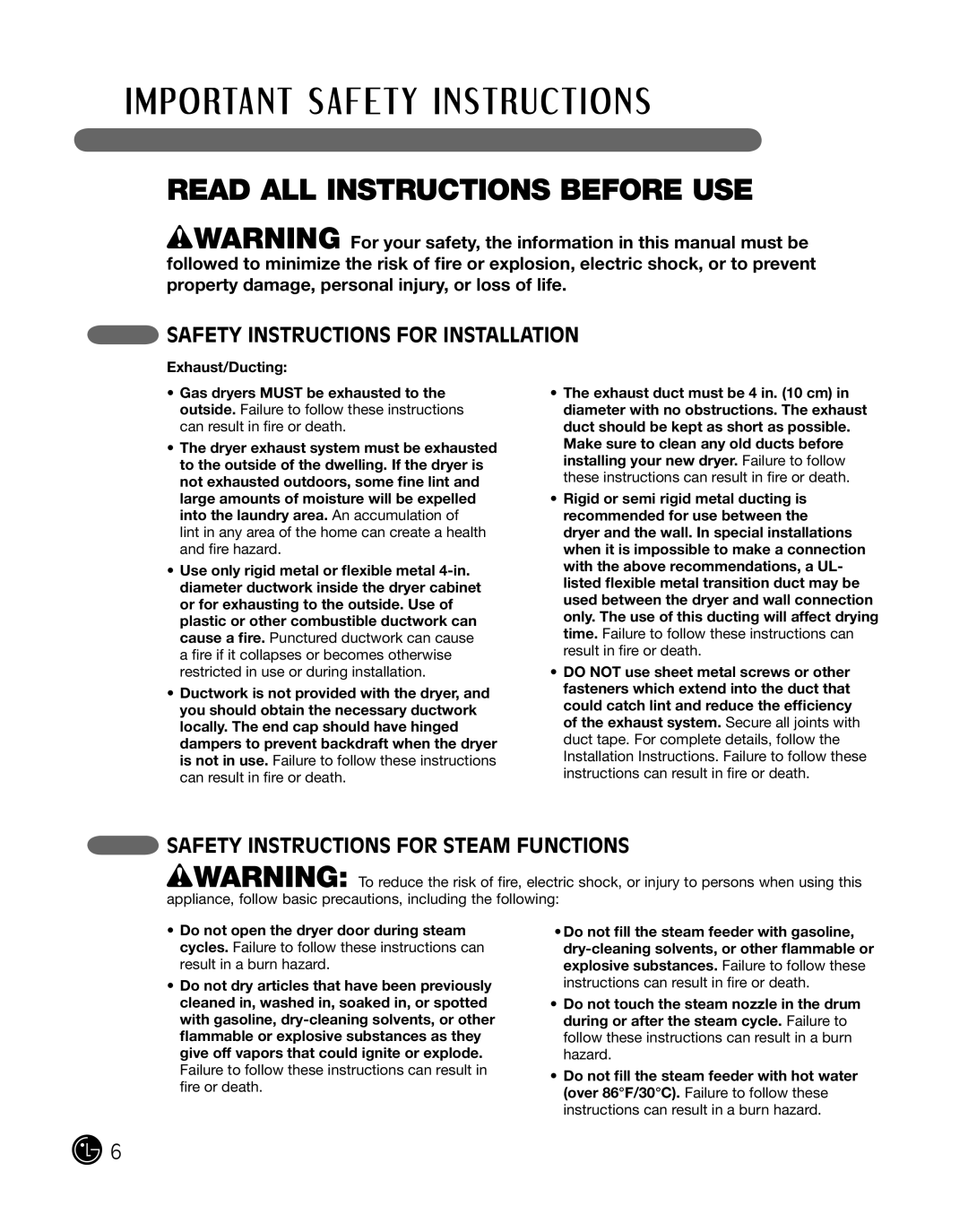 LG Electronics P154 manual Safety Instructions For Steam Functions, Read All Instructions Before Use, Exhaust/Ducting 