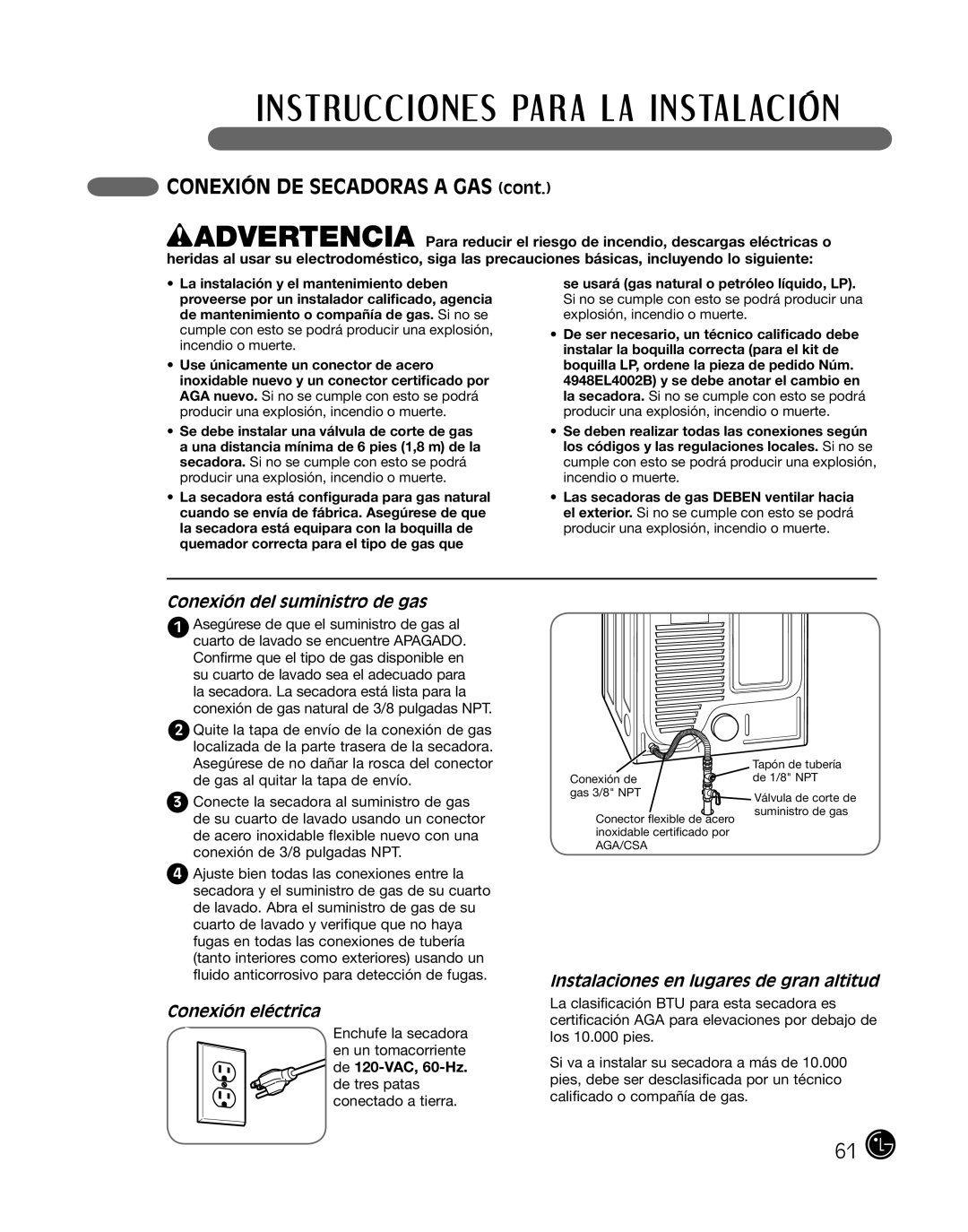 LG Electronics P154 manual CONEXIÓN DE SECADORAS A GAS cont, Conexión del suministro de gas, Conexión eléctrica 