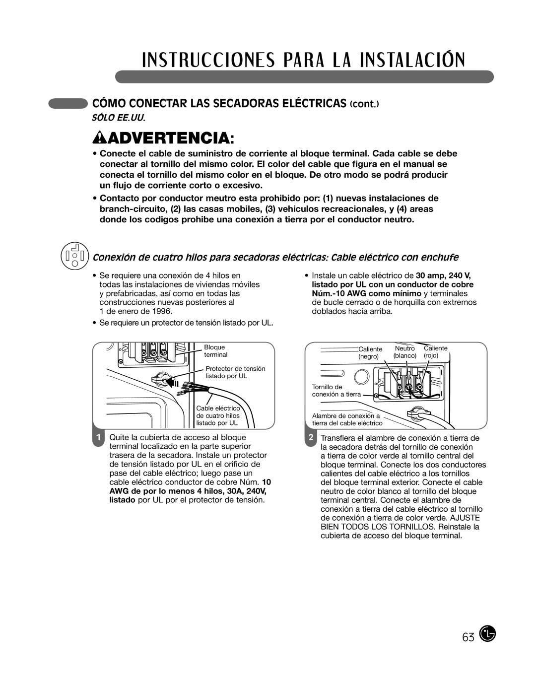 LG Electronics P154 manual wADVERTENCIA, CÓMO CONECTAR LAS SECADORAS ELÉCTRICAS cont, Sólo Ee.Uu 