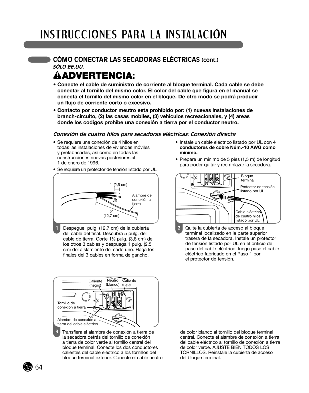 LG Electronics P154 manual cÓmo conecTar laS SecadoraS elÉcTricaS cont, SÓlo ee.uu, wADVERTENCIA 