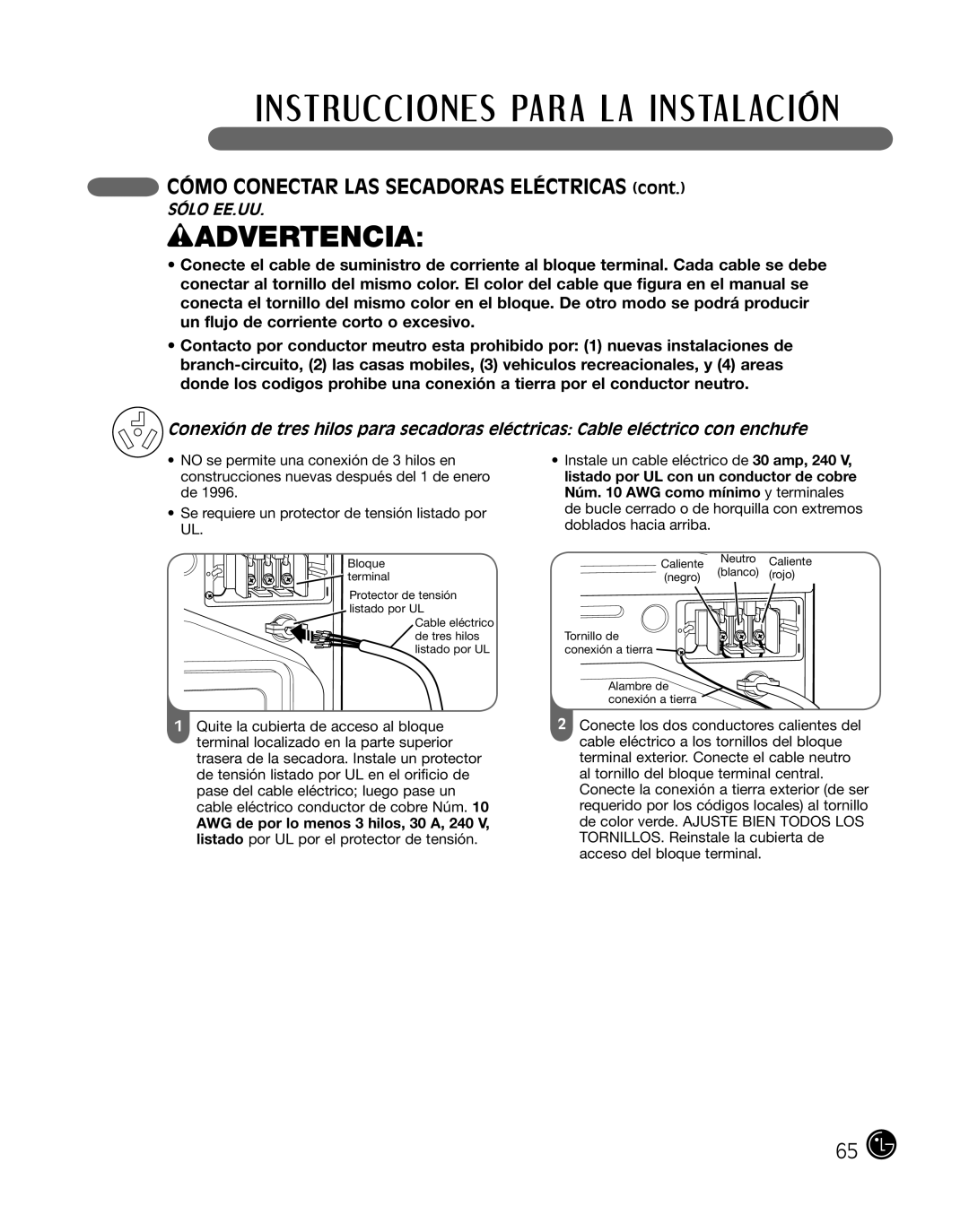 LG Electronics P154 manual wADVERTENCIA, CÓMO CONECTAR LAS SECADORAS ELÉCTRICAS cont, Sólo Ee.Uu 