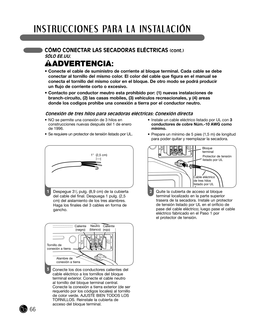 LG Electronics P154 manual conexión de tres hilos para secadoras eléctricas conexión directa, wADVERTENCIA, SÓlo ee.uu 