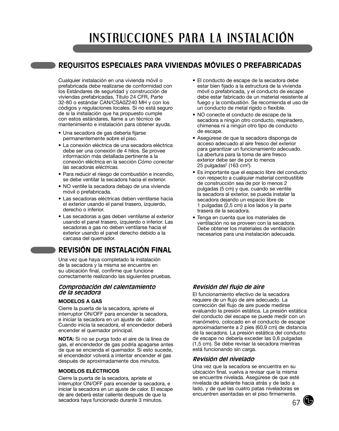 LG Electronics P154 manual Requisitos Especiales Para Viviendas Móviles O Prefabricadas, Revisión De Instalación Final 