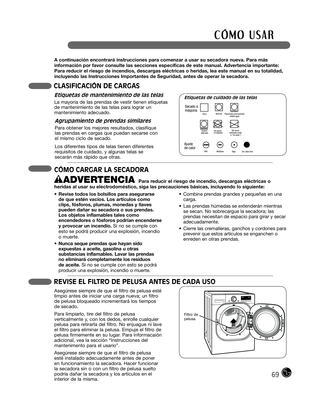 LG Electronics P154 manual Clasificación De Cargas, CÓMO CARGAR la secadora, Revise El Filtro De Pelusa Antes De Cada Uso 