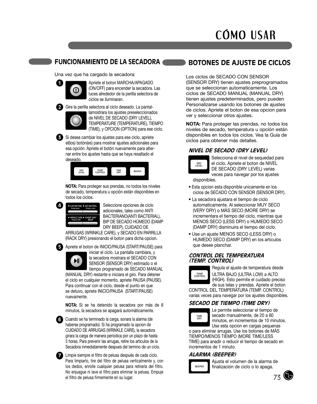 LG Electronics P154 FUNCIONAMIENTO de LA SECADORA BOTONES DE AJUSTE DE CICLOS, Nivel De Secado Dry Level, Alarma Beeper 