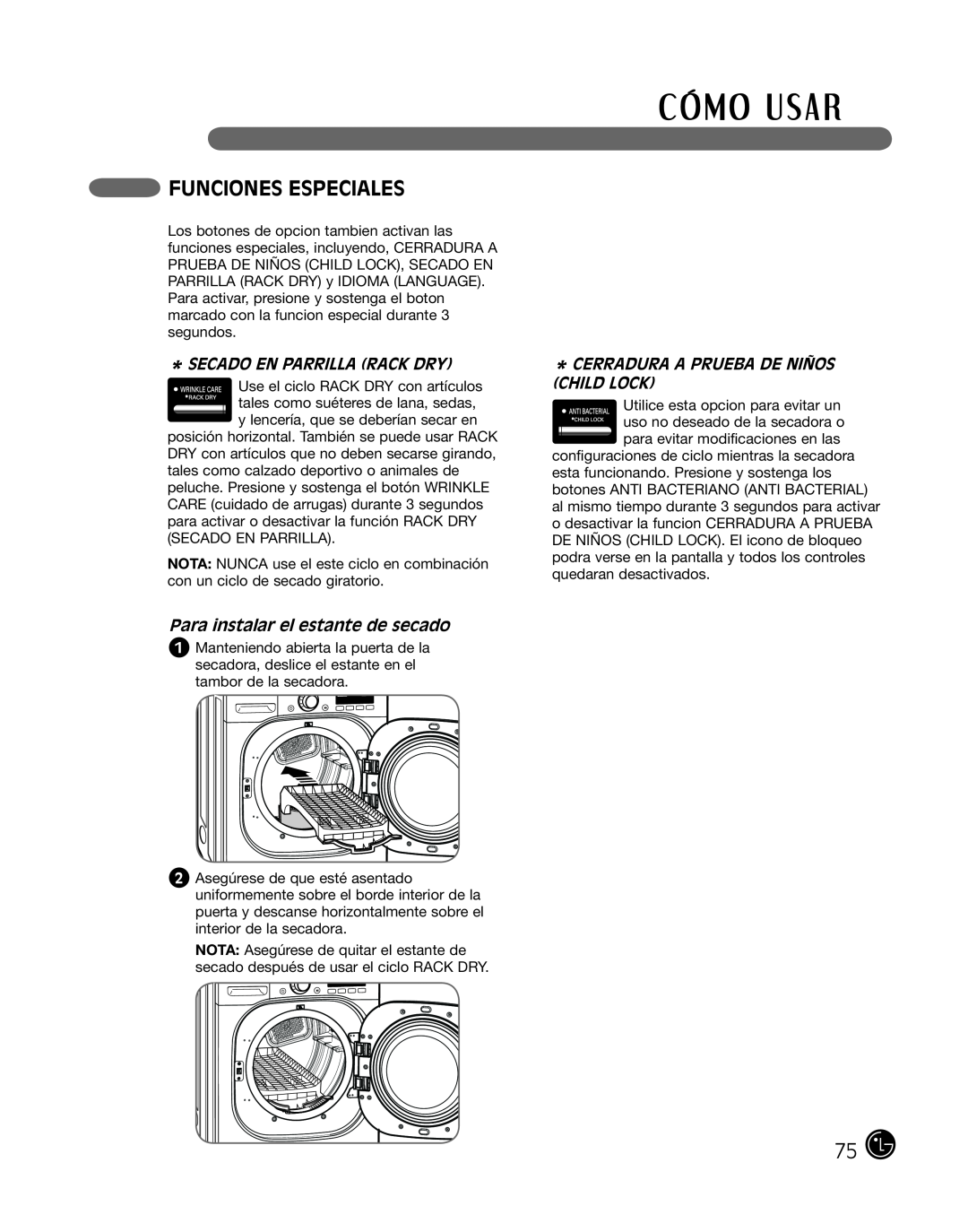 LG Electronics P154 manual Funciones Especiales, Secado En Parrilla Rack Dry, Para instalar el estante de secado 