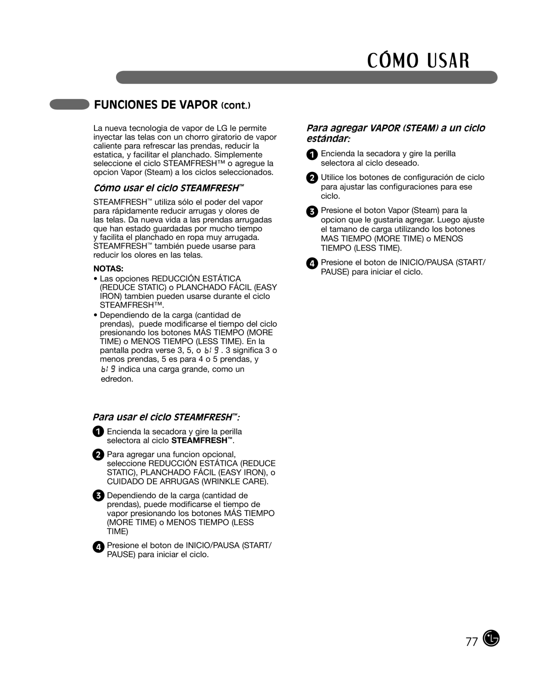 LG Electronics P154 manual FUNCIONES DE VAPOR cont, Cómo usar el ciclo SteamFresh, Para usar el ciclo SteamFresh 