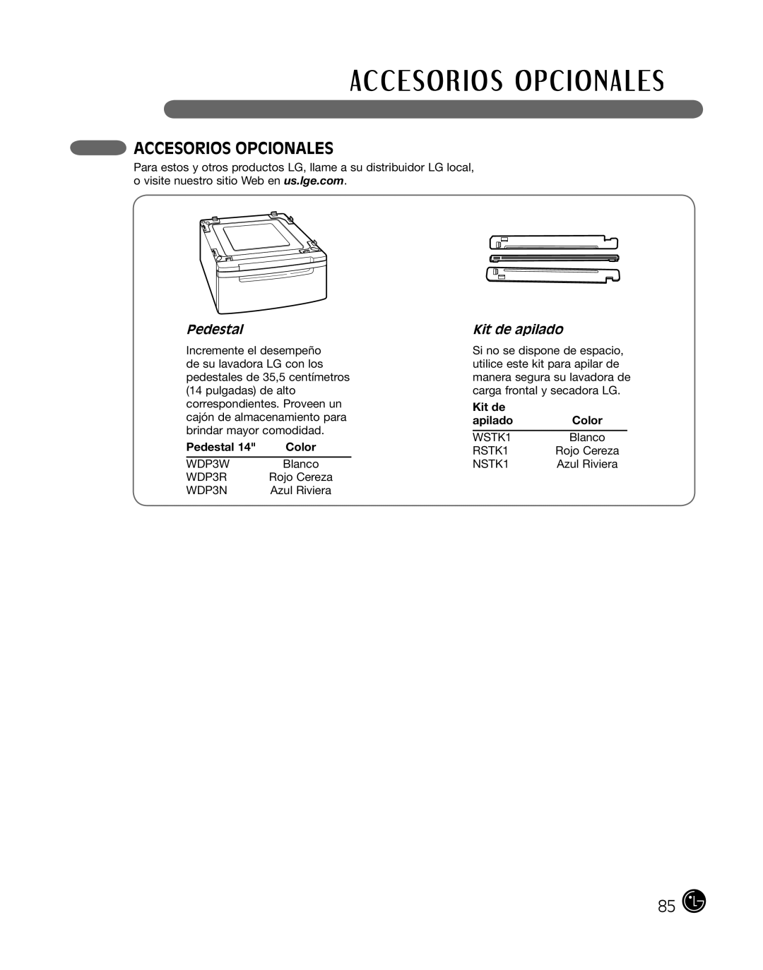 LG Electronics P154 manual Accesorios Opcionales, Pedestal, Kit de apilado 