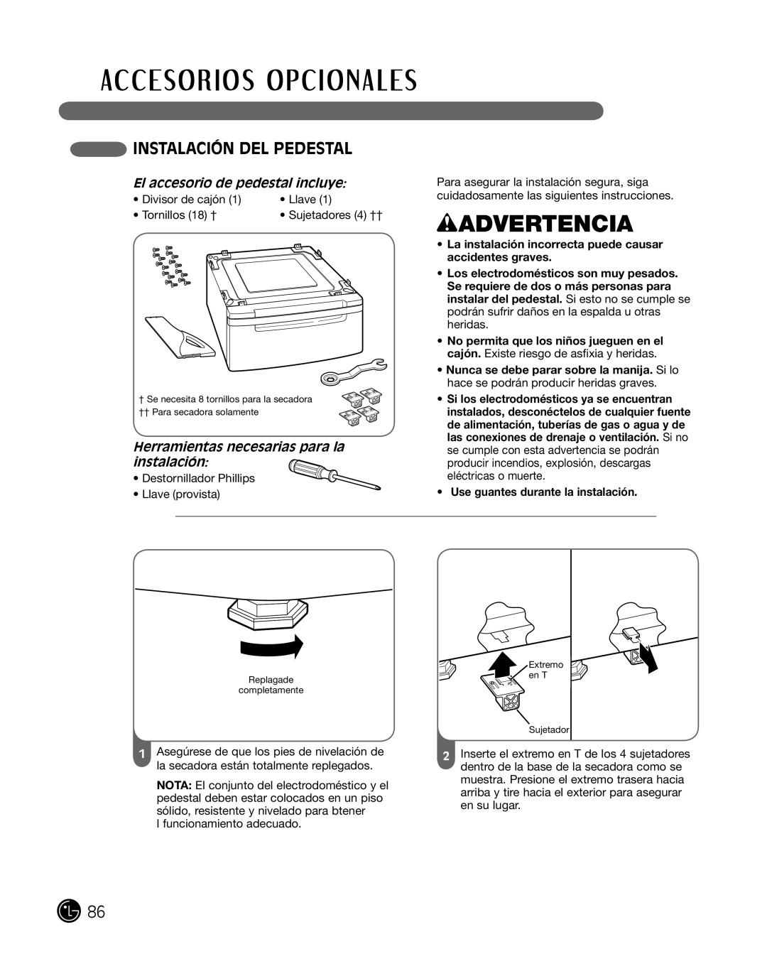 LG Electronics P154 manual inSTalaciÓn del PedeSTal, el accesorio de pedestal incluye, wADVERTENCIA 