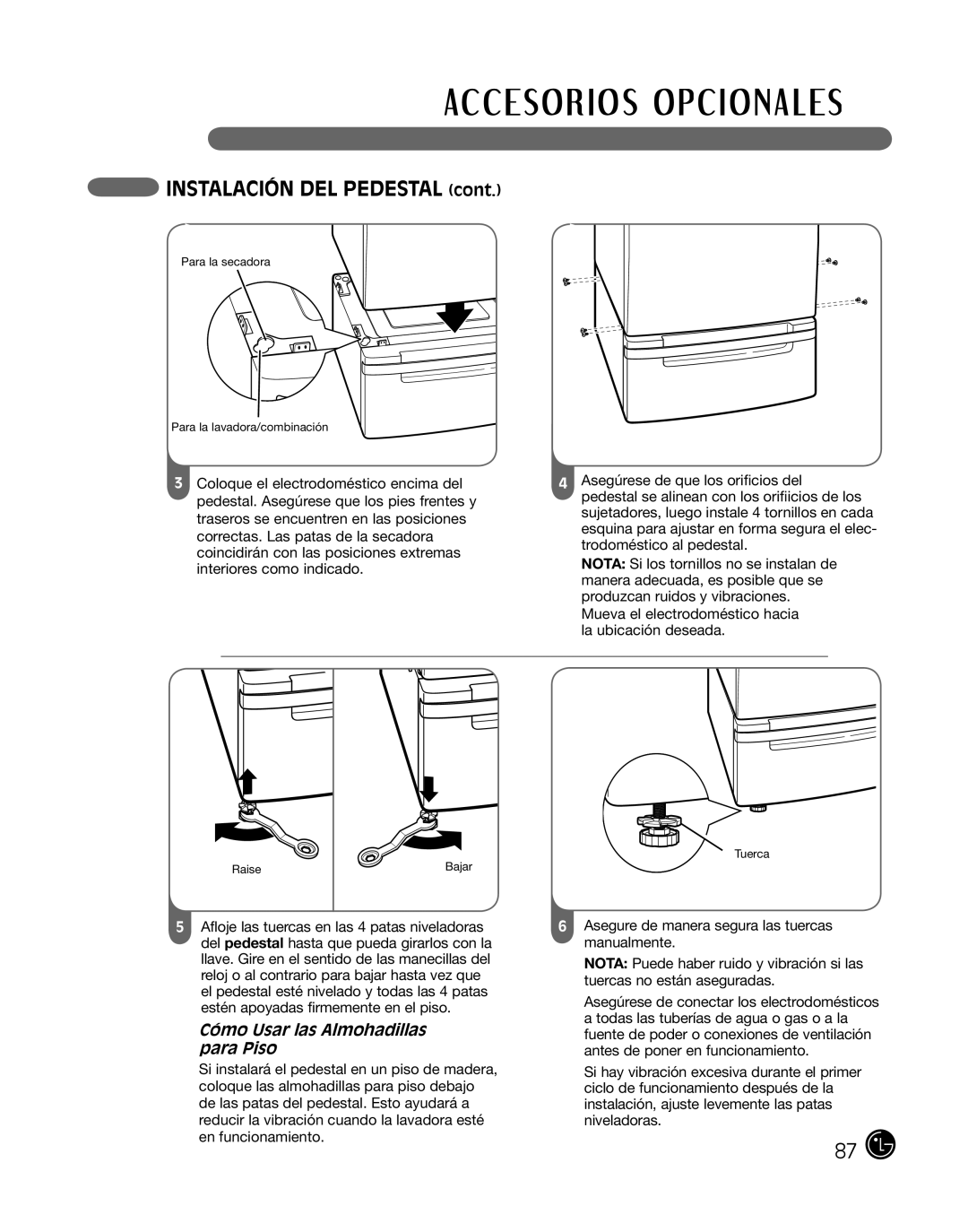 LG Electronics P154 manual INSTALACIÓN DEL PEDESTAL cont, Cómo Usar las Almohadillas, para Piso 