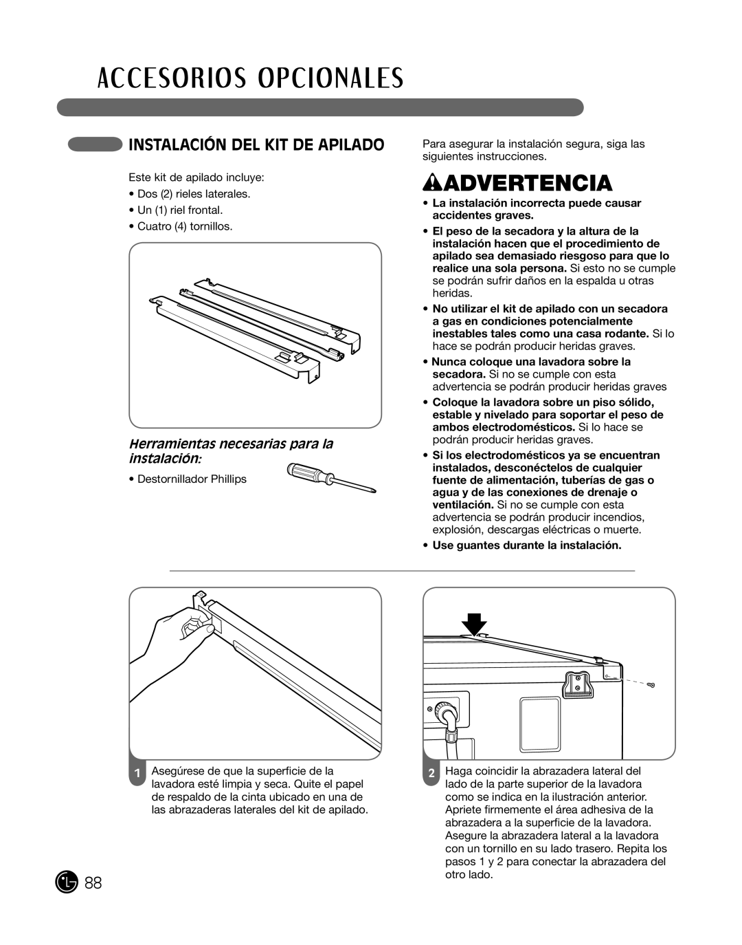 LG Electronics P154 manual inSTalaciÓn del KiT de aPilado, wADVERTENCIA, Herramientas necesarias para la instalación 