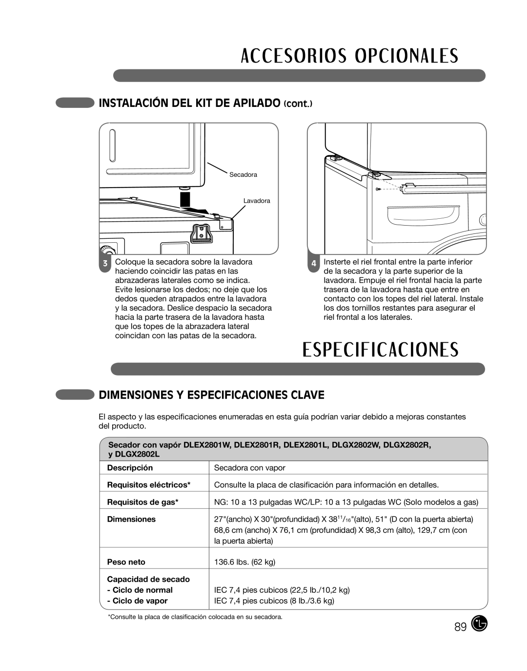 LG Electronics P154 INSTALACIÓN DEL KIT DE APILADO cont, Dimensiones Y Especificaciones Clave, Descripción, Peso neto 