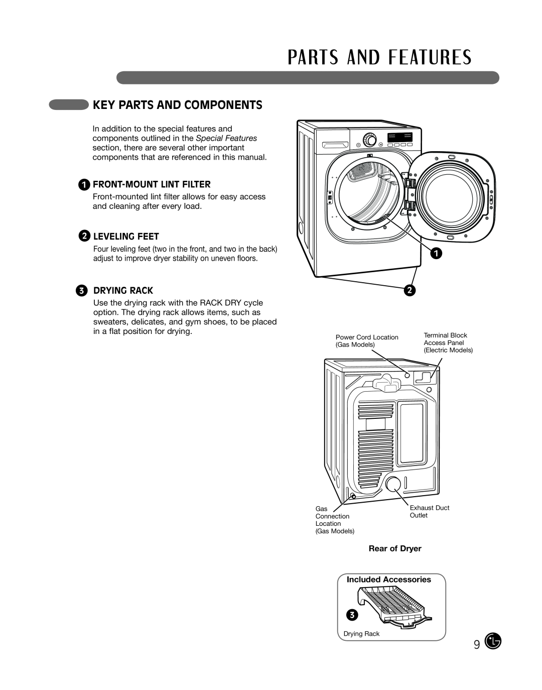 LG Electronics P154 manual Key Parts And Components, Leveling Feet, Drying Rack 