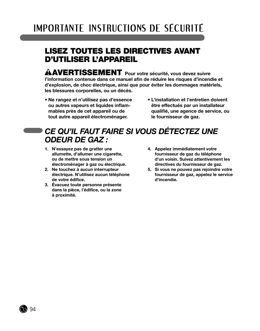 LG Electronics P154 manual Ce Qu’Il Faut Faire Si Vous Détectez Une Odeur De Gaz 